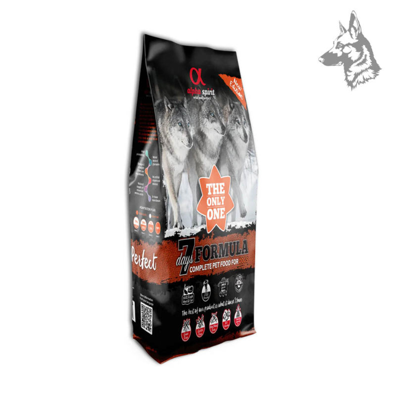 Vista lateral del saco de Alpha Spirit 7 Days Formula, destacando sus beneficios nutricionales y composición saludable para perr