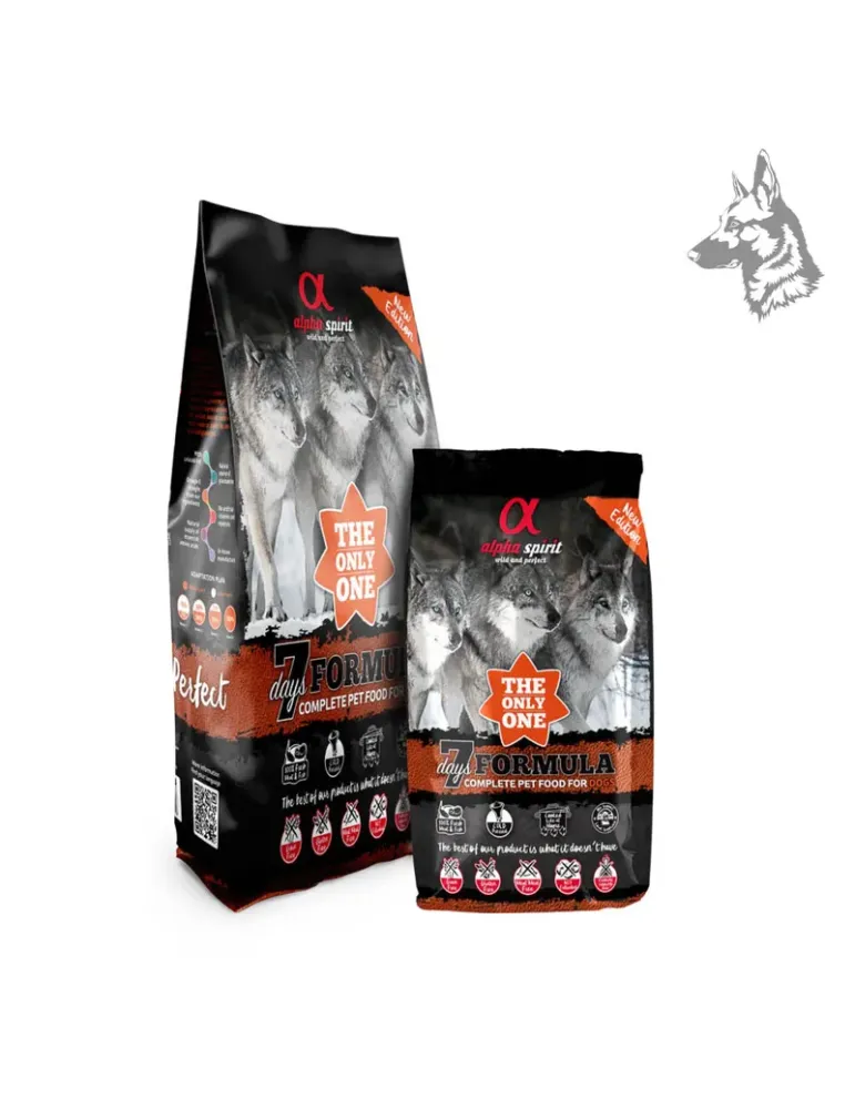 Sacos de pienso Alpha Spirit 7 Days Formula, alimento completo para perros con ingredientes naturales y carne fresca. Fórmula eq