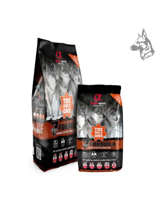 Sacos de pienso Alpha Spirit 7 Days Formula, alimento completo para perros con ingredientes naturales y carne fresca. Fórmula eq
