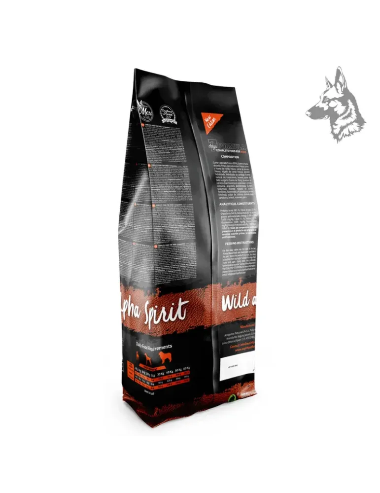 Parte trasera del envase de Alpha Spirit 7 Days Formula, con detalles sobre ingredientes, valores nutricionales y recomendacione