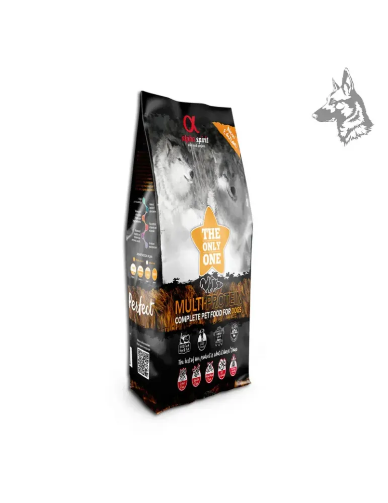 Vista lateral del saco de Alpha Spirit Multi-Protein, destacando su composición nutricional y beneficios para una alimentación s