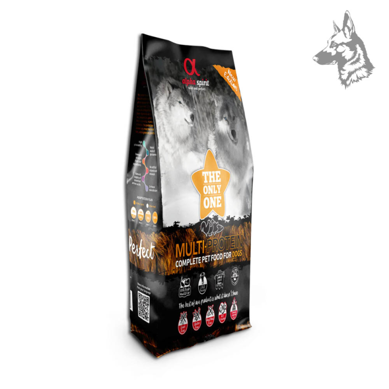 Vista lateral del saco de Alpha Spirit Multi-Protein, destacando su composición nutricional y beneficios para una alimentación s