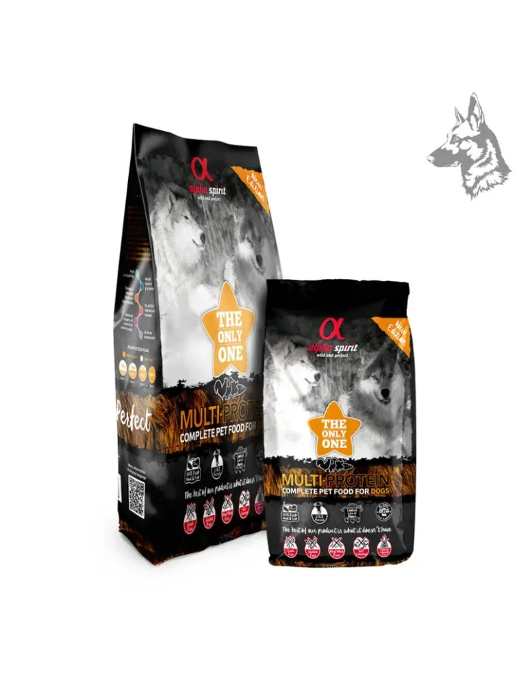 Sacos de pienso Alpha Spirit Multi-Protein, alimento completo para perros con una combinación de proteínas naturales y carne fre