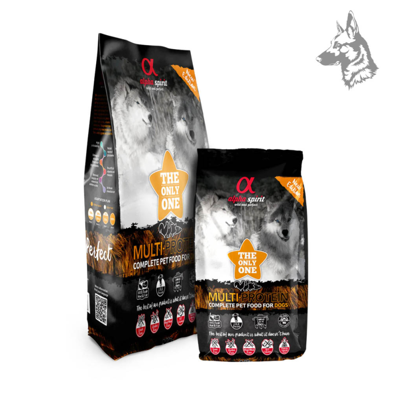 Sacos de pienso Alpha Spirit Multi-Protein, alimento completo para perros con una combinación de proteínas naturales y carne fre