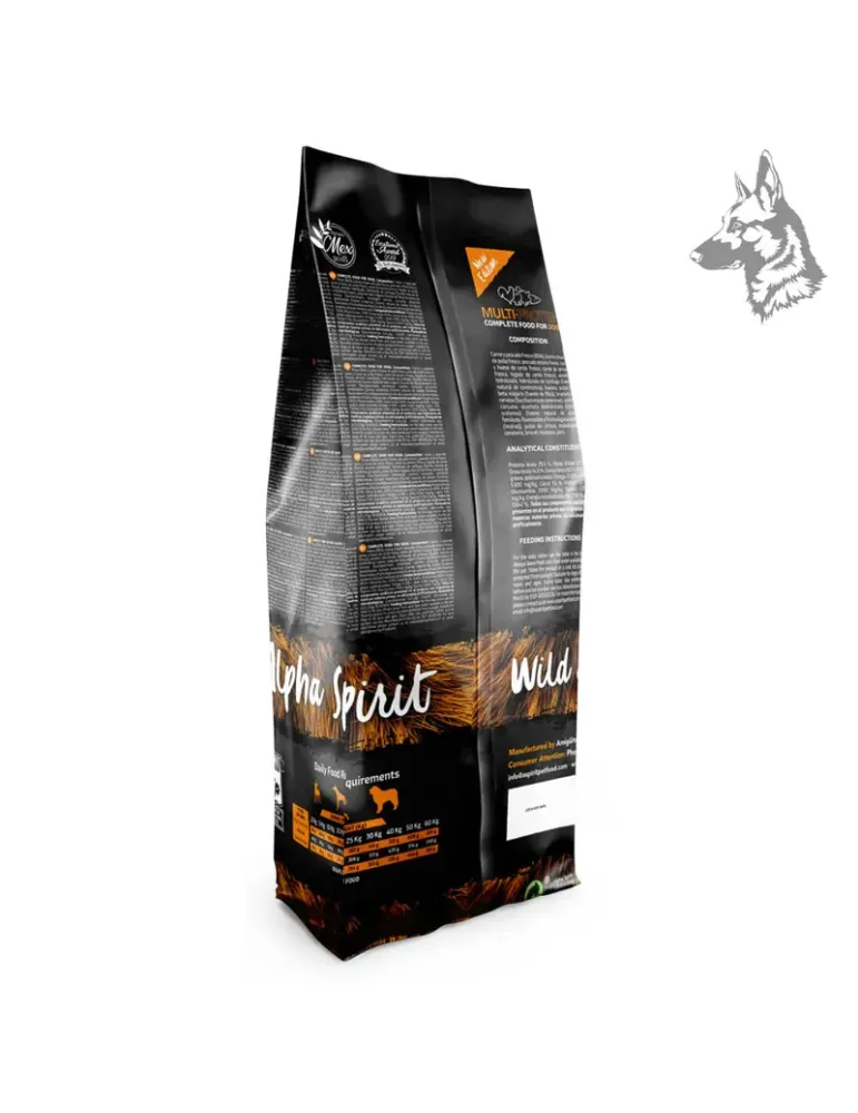 Parte trasera del envase de Alpha Spirit Multi-Protein, con información sobre ingredientes, valores nutricionales y recomendacio