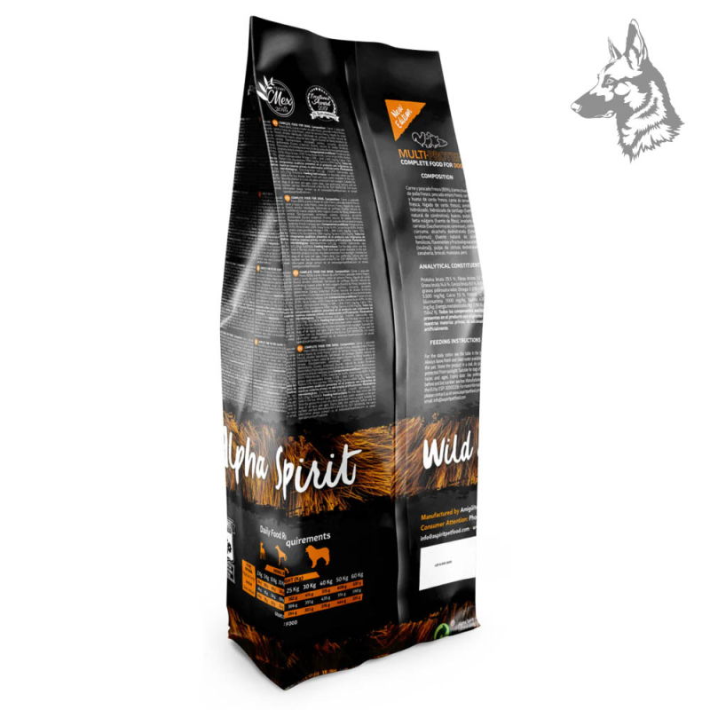 Parte trasera del envase de Alpha Spirit Multi-Protein, con información sobre ingredientes, valores nutricionales y recomendacio