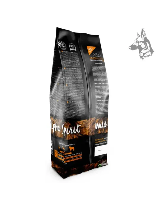 Parte trasera del envase de Alpha Spirit Multi-Protein, con información sobre ingredientes, valores nutricionales y recomendacio
