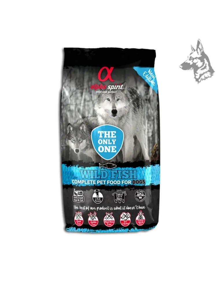 Saco de pienso Alpha Spirit Wild Fish, una fórmula premium rica en Omega 3 y 6, diseñada para una nutrición equilibrada y el cui