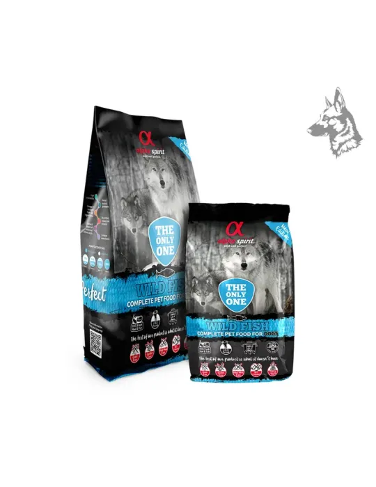 Sacos de pienso Alpha Spirit Wild Fish, alimento completo para perros con pescado salvaje como fuente principal de proteína. Rec