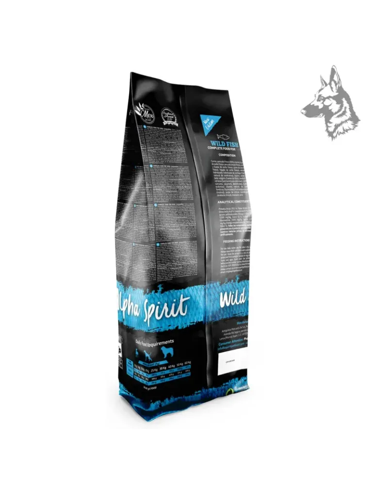 Parte trasera del envase de Alpha Spirit Wild Fish, mostrando la composición nutricional, valores analíticos y recomendaciones d