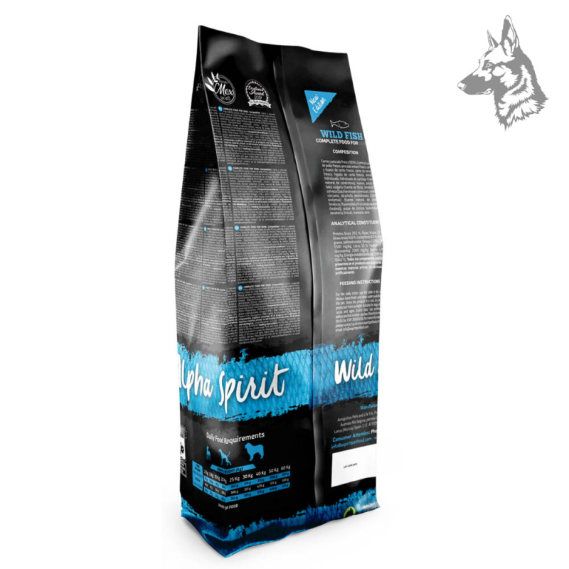 Parte trasera del envase de Alpha Spirit Wild Fish, mostrando la composición nutricional, valores analíticos y recomendaciones d