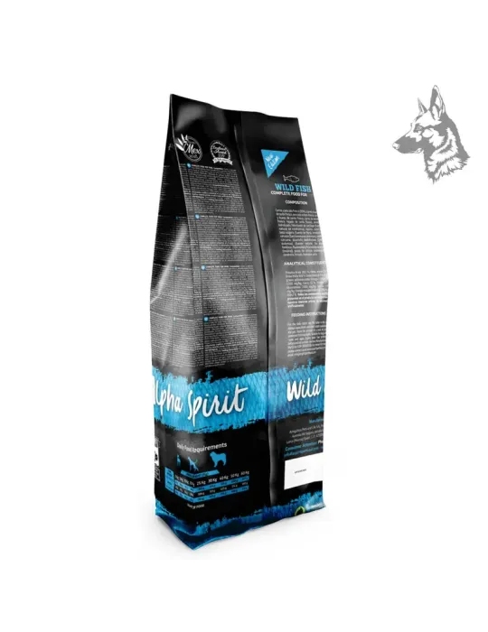 Parte trasera del envase de Alpha Spirit Wild Fish, mostrando la composición nutricional, valores analíticos y recomendaciones d