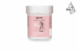 Envase de suplemento alimenticio para mascotas marca Gloria Supple Pets, modelo Big Smile. Este producto está formulado para promover la salud bucal y dental de perros y gatos, con ingredientes como harina de algas pardas, levadura de cerveza, alcachofa y pomelo. El envase es blanco con una etiqueta rosa que incluye una ilustración gráfica de dientes saludables. Ideal para mantener una buena higiene bucal y prevenir problemas dentales en las mascotas.