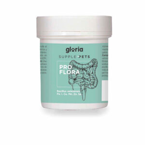 Envase de suplemento alimenticio para mascotas marca Gloria Supple Pets, modelo Proflora. El producto está diseñado para apoyar la salud intestinal de perros y gatos, con una fórmula enriquecida con Bacillus velezensis y minerales esenciales como Fe, I, Cu, Mn, Zn y Se. El diseño del envase incluye una ilustración gráfica del sistema digestivo y está presentado en un envase blanco con etiqueta verde menta. Ideal para el mantenimiento de la flora intestinal de las mascotas.