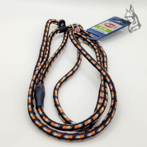 Correa Montain Rope Trixie en colores naranja y negro con diseño de lazo ajustable, ideal para paseos con perros de todo tipo.