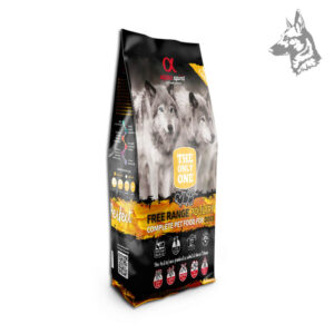 Vista lateral del saco de pienso Alpha Spirit Free Range Poultry, destacando sus ingredientes naturales, alto contenido en proteínas y beneficios para la salud digestiva del perro.