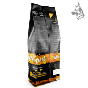 Parte trasera del envase de Alpha Spirit Free Range Poultry, mostrando la composición nutricional, instrucciones de alimentación y beneficios del pienso.