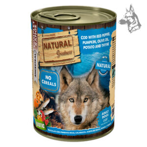 Comida húmeda Natural Greatness para perros adultos, receta hipoalergénica sin cereales con bacalao, pimiento rojo, calabaza, aceite de oliva, patata y tomillo.