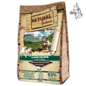 Saco de pienso Natural Greatness Lamb Recipe de 2 kg, alimento hipoalergénico sin cereales, adecuado para perros de todas las edades y razas. Contiene un 52% de carne de cordero, es altamente digestible y ha sido desarrollado con veterinarios y nutricionistas para una dieta equilibrada.