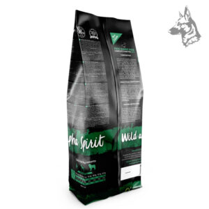 Parte trasera del envase de Alpha Spirit Free Range Duck, mostrando la composición nutricional, ingredientes y recomendaciones de alimentación para perros.