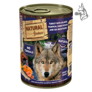 Pavo con salmón, calabaza, boniato y espino amarillo – Lata de comida húmeda Natural Greatness para perros adultos. Receta hipoalergénica sin cereales con ingredientes naturales y de alta calidad.
