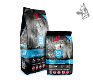 Sacos de pienso Alpha Spirit Wild Fish, alimento completo para perros con pescado salvaje como fuente principal de proteína. Receta sin cereales ni gluten.