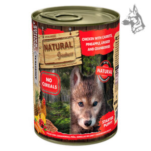 Pollo con zanahorias, piña, semillas de lino y arándanos rojos Natural Greatness - Lata de comida húmeda para cachorros, sin cereales, con ingredientes naturales y de alta calidad. Ideal para una alimentación completa y equilibrada.