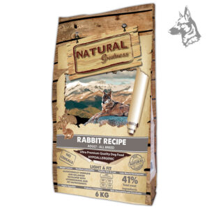 Saco de pienso Natural Greatness Rabbit Recipe de 6 kg, alimento hipoalergénico sin cereales para perros adultos de todas las razas. Fórmula Light & Fit con un 41% de carne de conejo, diseñada para el control de peso, desarrollo muscular y una piel sana. Contiene glucosamina y condroitina para el cuidado articular y prebióticos para mejorar la digestión.