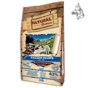 Saco de pienso Natural Greatness Salmon Recipe Mini de 6 kg, alimento hipoalergénico sin cereales para perros adultos de razas pequeñas. Fórmula premium con un 43% de salmón, ideal para perros con digestión sensible y para mejorar la salud de la piel y el pelaje. Contiene glucosamina y condroitina para el cuidado de las articulaciones y prebióticos para una digestión óptima.