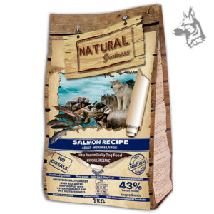 Saco de pienso Natural Greatness Salmon Recipe de 2 kg, diseñado para perros adultos de razas medianas y grandes. Receta sin cereales con 43% de salmón, proporcionando proteína de alta calidad y ácidos grasos esenciales para un pelaje brillante y una piel saludable. Su fórmula monoproteica es perfecta para perros con digestión sensible. Incluye glucosamina y condroitina para el soporte articular y prebióticos que mejoran la absorción de nutrientes.