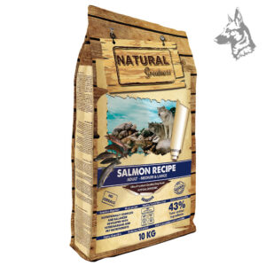 Saco de pienso Natural Greatness Salmon Recipe de 10 kg, alimento hipoalergénico sin cereales para perros adultos de razas medianas y grandes. Fórmula con un 43% de salmón, ideal para una piel saludable y un pelaje brillante. Enriquecido con glucosamina y condroitina para el cuidado articular y prebióticos para mejorar la digestión.