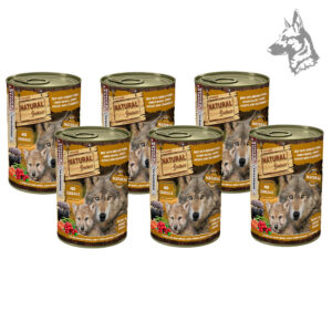 Pack de seis latas de comida húmeda para perros Natural Greatness, mostrando el producto en presentación múltiple. La etiqueta resalta la combinación de carne de vacuno y cerdo ibérico con ingredientes naturales como judías verdes, boniato y arándanos.