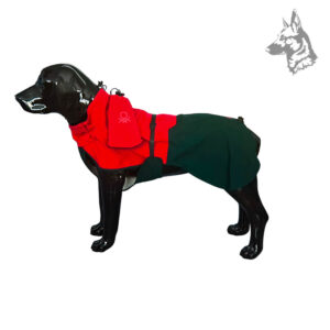 Chubasquero para perros Benetton en color rojo y verde en maniquí – Modelo ajustable, impermeable y transpirable, ideal para mantener a tu mascota seca y protegida.