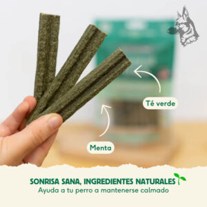 Persona sosteniendo tres sticks dentales Wild Balance "Calming & Chill", con etiquetas que indican sus ingredientes principales: té verde y menta. Destacado mensaje sobre ingredientes naturales y su efecto calmante para los perros.