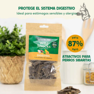 Bolsa de Wild Snacks Digestivos de Pato con fondo decorativo. Texto resaltando sus beneficios: protege el sistema digestivo, ideal para estómagos sensibles y alergias. Incluye sello de "87% pato" y "atractivos para perros sibaritas".